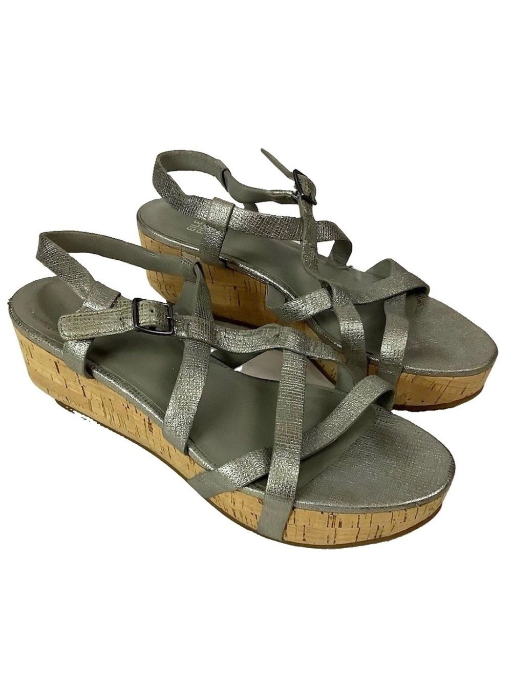 Eileen Fisher Sz 7 Silver Leather Strappy Wedge Ankle Strap Buckle Sandals
